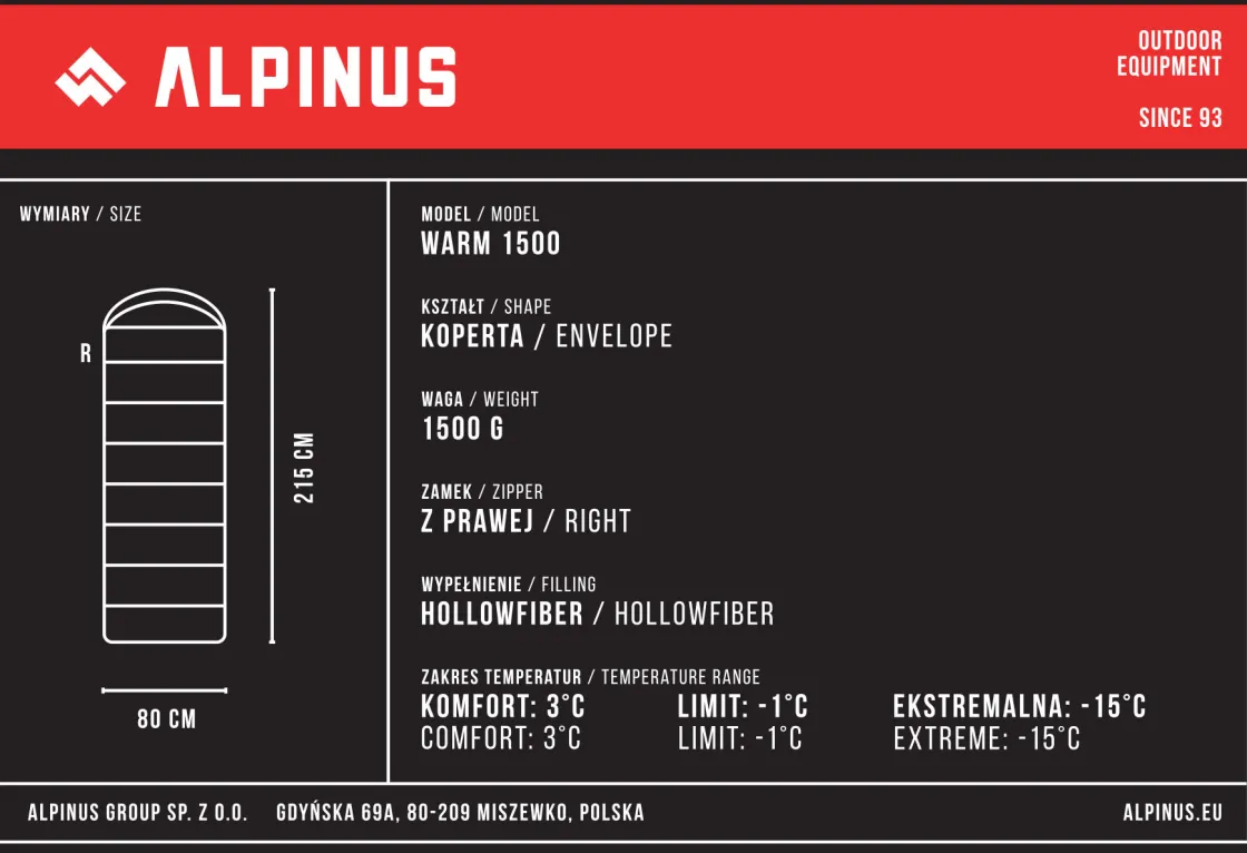 Śpiwór Warm 1500 (Prawy)<Alpinus Hot